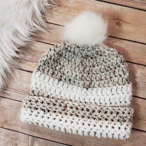 Oatmeal & White Striped Beanie with Fur Pom Pom